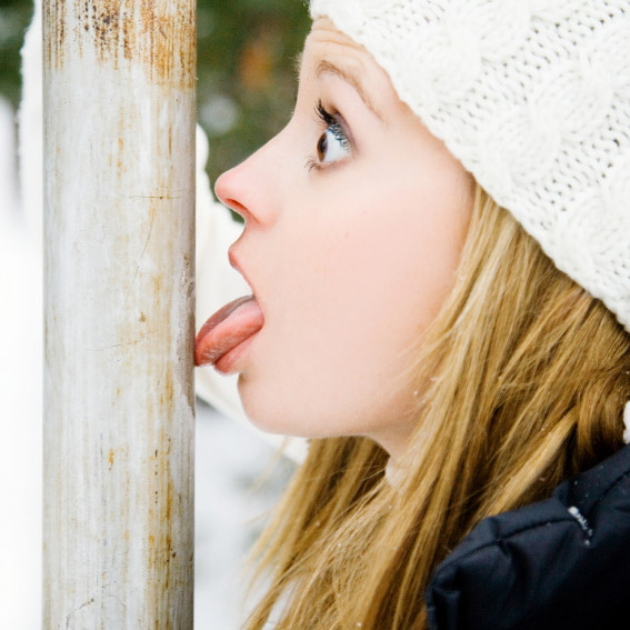 Tongue frozen and stuck to flag pole